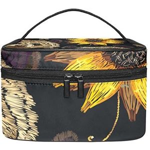 Zomer roze flamingo fruit patroon make-up tas voor vrouwen meisjes cosmetische tassen met handvat reizen make-up organizer tas, Vintage borduurwerk Zonnebloem met Panda, 8.9x5.9x5.4 Inches, Make-up zakje