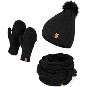 HEYO Muts sjaal handschoen set voor dames | gevoerde wintermuts met pompon van imitatiebont | grote loopsjaal | gebreide vingers/vingerloze winterhandschoenen voor touchscreen, zwart