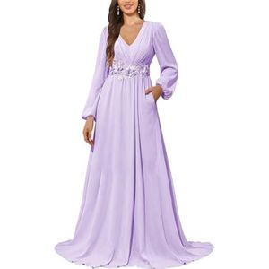 KURFACE Bruidsmeisjesjurk met lange mouwen en zakken, kanten applicatie, chiffon, moederjurk van de bruid, Lila, 32