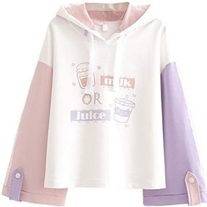 Leuke Hoodies voor Tienermeisjes Japanse Stijl Gedrukt Colorblock Trui Sweatshirt Lange Mouw Tops Hooded, Wit, L