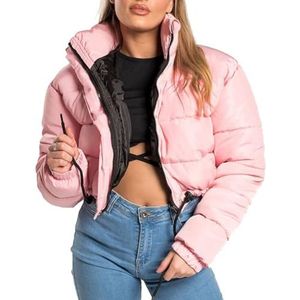 Dames Cropped Pufferjack, Opstaande Kraag, Baggy Korte Gewatteerde Jas Met Zakken(Pink,S)