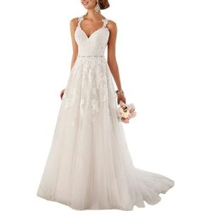 Trouwjurk, bruidsjurk, kanten damesjurk, met A-lijn, diepe V-hals, tule, jurk voor burgerlijke stand, bruidsmode, Ivoor 01, 38