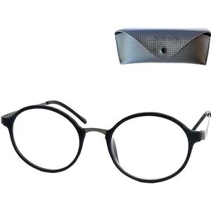 Ronde leesbril met blauwlichtfilter, stijlvolle anti-blauw licht computerbril, vintage leesbril met metalen beugels en kunststof frame, zwart + etui, zwart, 2.0