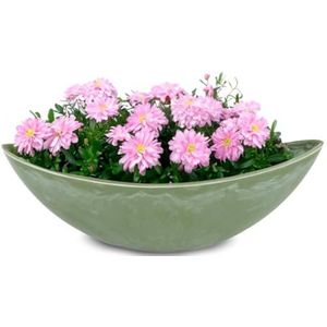 Ovale plantenbak voor buiten, grote schip, decoratieve schaal in groen gemarmerd als bloempot, plantenpot, 39 cm, jardiniere voor tuin, balkon of begraafplaats als weerbestendige grafdecoratie