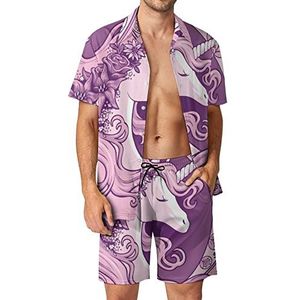 Roze Eenhoorn Slaap Hawaiiaanse Sets voor Mannen Button Down Korte Mouw Trainingspak Strand Outfits S