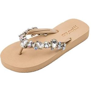 MOO´ILO Dames mooilo zomer teenslippers sandaal flip flop met rode steentjes (met de hand geborduurd) - ultrazachte zool - design, made in Germany, beige, 38 EU