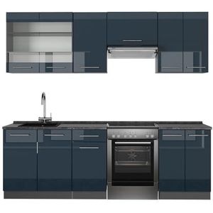 Vicco Keukenblok, Fame-Line, donkerblauw hoogglans/antraciet, 240 cm, zonder werkblad