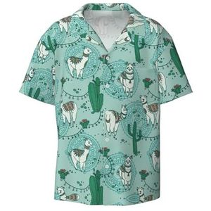 OdDdot Llama Alpaca Groene Print Heren Button Down Shirt Korte Mouw Casual Shirt voor Mannen Zomer Business Casual Jurk Shirt, Zwart, L