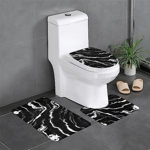 EdWal Zwart wit marmeren print print badkamer tapijt sets 3 stuk,Antislip badkamertapijten, absorberende badmatten voor badkamervloer