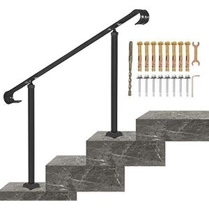 VEVOR Smeedijzeren leuning, geschikt voor 2 of 3 stappen buiten trapleuning, verstelbare voorveranda handrail, zwarte overgangsleuningen voor betonnen treden of houten trappen met installatiekit