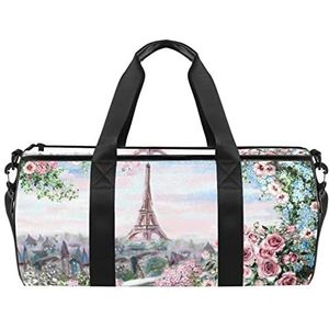 Schilderij Parijs Eiffeltoren Rose Bloemenpatroon Sport Gym Tas Fitness Workout Plunjezak Reistas Tote Handtas Apparatuur Tas voor Vrouwen Mannen, Meerkleurig, 17.7x9x9 inches