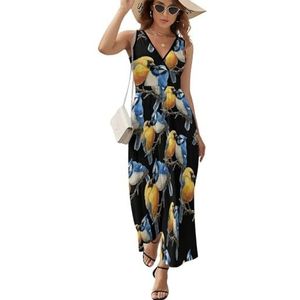 Gele Goldfinchone & Blue Jay Birds mouwloze maxi-jurk met V-hals voor dames, casual zomerjurk