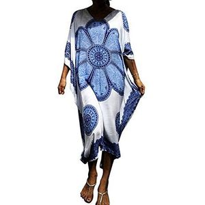 FSMO Elegante strandponcho voor dames, etnische print, losse kaftan, smock, zomer, maxi-jurk, wit A, onesize grote maten