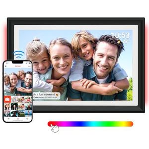 Frameo Digitale fotolijst met ledlicht, 32 GB, 10,1 inch, wifi, 1280 x 800 HD IPS lcd-touchscreen, automatische rotatie, 32 GB geheugen, deel momenten direct via de Frameo-app overal