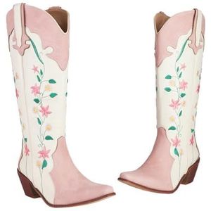 Dames Hoge Laarzen Met Bloemen Geborduurde Retro Western Cowboylaarzen Halfhoge Laarzen Met Vierkante Neus En Blokhak Herfst Winter PU-leer Laarzen Met Lange Schacht Grote Maten Instappers(39 EU)