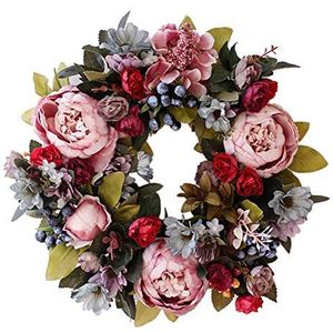 Kunstmatige rozenkrans met pioenrozen en bloemen - nieuwste bessenbloemenkrans met groene bladeren, lentekrans voor voordeur, bruiloft, muur, woondecoratie, 33/40 cm