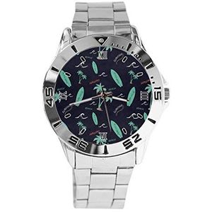 Hawaii Surf Palm Tree Fashion Womens Horloges Sport Horloge voor Mannen Casual Rvs Band Analoge Quartz Horloge, Zilver, armband