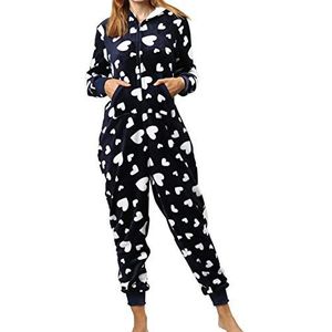 Rojeam Dames Zip Up Bedrukte Flanellen Nachtkleding Hooded Onesie Pyjama Non-Footed, Hartjes/Marineblauw, L