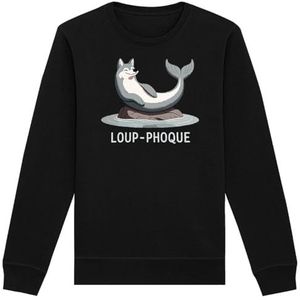 Sweatshirt met zeewolf, uniseks, bedrukt in Frankrijk, 100% biologisch katoen, cadeau voor dieren, verjaardag, humor, origineel grappig, Zwart, L/Tall