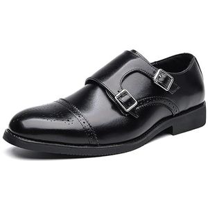 Oxford formele schoenen for heren Instapper Ronde gepolijste teen Dubbele monniksriem Veganistisch leer Lage bovenkant Antislip Antislip Blokhak Rubberen zool (Color : Black, Size : 42 EU)