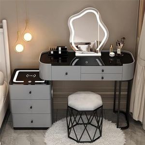 EdNey Vanity Desk Set, met 3-kleuren dimbare verlichte spiegel, 5 laden, gewatteerde kruk, met draadloos oplaadstation en Bluetooth-luidspreker (kleur: grijs+zwarte kruk, maat: 100 cm)
