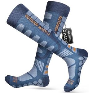 OutdoorMaster 2 paar uniseks merinowol, compressieskisokken voor dames en heren, OTC-design/antislip manchetten, ademende thermische wintersokken voor snowboarden