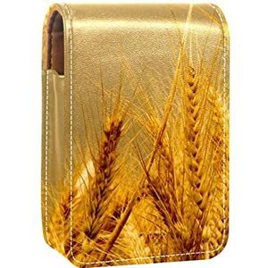 Gouden Tarwe Draagbare Lipstick Case voor Reizen,Mini Lipstick Opbergdoos met spiegel voor Vrouwen Dames, Lederen Cosmetische Pouch, Meerkleurig, 9.5x2x7 cm/3.7x0.8x2.7 in