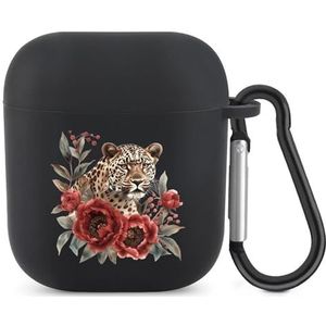 Luipaard in Rode Pioen Bloemen Leuke Case voor AirPods 2&1 Schokbestendige Beschermende Hoofdtelefoon Gevallen Cover Met Sleutelhanger Voor Mannen Vrouwen