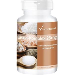 Iron Complex 25mg - 120 hoge dosis veganistische capsules met bivalent ijzer - Gemaakt in Duitsland | Vitamintrend®