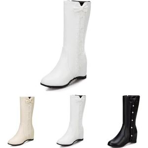 Dames Herfst-winter Enkellaarsjes Retro Sleehak Enkellaarsjes Elegante Korte Laarzen Met Strik + Parel PU-leer Ronde Neus Laarsjes Feest-enkelschoenen(White,39 EU)