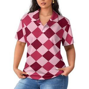 Roze Rood Diamant Schaakbord Dames Poloshirts Korte Mouw Casual Kraag T-shirts Golfshirts Sport Blouses Tops XL