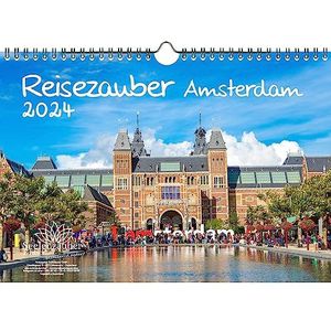 Reismagie Amsterdam DIN A4 kalender voor 2024 vakantie grachten tulpen - cadeauset inhoud: 1x kalender, 1x kerst- en 1x wenskaart (in totaal 3 delen)