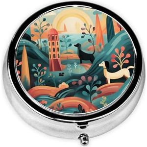 Pillenetui met spiegel, retro pillendoosje met 3 vakken, teckelpatroon, kleine pillenorganizer voor portemonnee of zak, decoratieve metalen medicijnen, vitamine-organizer, unieke geschenken