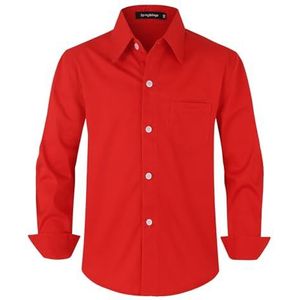 Spring&Gege overhemd met lange mouwen en knoopsluiting voor jongens, uniformshirt voor kinderen van 3-14 jaar, Rood, 3-4 jaar