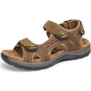 Heren echt leer open teen sandalen, handgemaakte mode wandelen sandalen, holle backpacken strandschoenen, Bruin, 46 EU