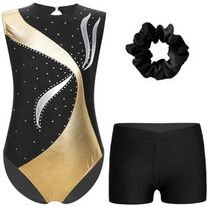 NihaoWXM Turnpakje voor meisjes, turnpakje, metallic, glanzend, patchwork, sleutelgatrug, mouwloos, jumpsuit, tieners, balletdanspakje met korte broek, Zwart, 10 Years