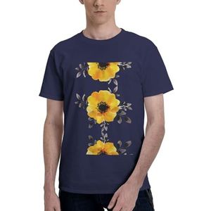 CKGODGF Katoenen T-shirt met gele bloemenprint, casual en comfortabel korte mouwen, geschikt voor fitness en dagelijks gebruik, Donkerblauw, S