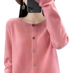 TeysHa Dames kasjmier vest trui,Wollen ronde hals button down lange mouw vest trui, zachte warme gebreide elastische truien, roze, S