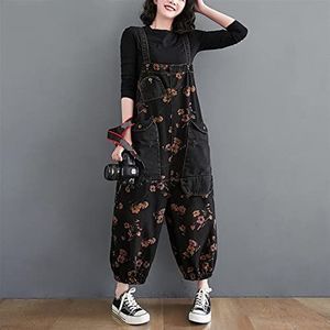 Losse Jeans Jumpsuit Dames Casual Oversized Baggy Jumpsuits Women Pockets Bloemenprint Denim Overall Rands Jeans ! (Color : Black, Size : XX-large)