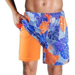 Milaloko Zwemshorts voor heren, sneldrogend, strandshorts met compressievoering en zak en trekkoord, Oranje, XXL