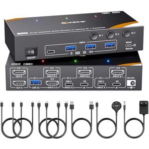 YOUTINGHDAV KVM Switch 2 Monitors 3 Computer USB C, USB 3.0 KVM Switch Dual Monitor HDMI for 2 Laptops 1 Desktop Share 4 USB3.0 Device Keyboard, Mouse, 85W PD, 4K@60Hz, Power Adapter and Wired Remote