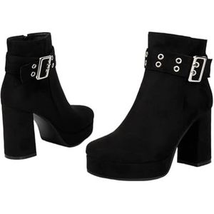 Retro Enkellaarsjes Met Luipaardprint Dameslaarzen In Grote Maten Elegante Chelsea Ankle Boots Met Blokhak Plateaulaarsjes Met Rits 9 Cm Hoge Hak for Feestjes(Black,43 EU)