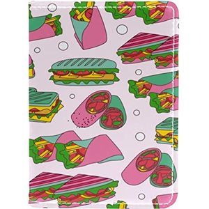 Panini Sandwich Snack Patroon met Roze Achtergrond Paspoorthouder voor Dames en Mannen, Reispaspoort Portemonnee Paspoort Cover Reisdocumenten Organizer, Meerkleurig, 10x14cm/4x5.5 in