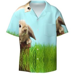 EdWal Bunny On Green Grass Print Heren Korte Mouw Button Down Shirts Casual Losse Fit Zomer Strand Shirts Heren Jurk Shirts, Zwart, XXL
