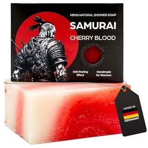 MEDUNA Samurai Cherry Blood Peeling-zeep, stevige natuurlijke zeep, handgemaakte zeep, veganistische verzorgingszeep, lichaamszeep voor alle huidtypes, biologische kokosolie & sheaboter voor