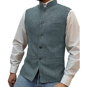 Heren Visgraat Wollen Vest Pak Zakelijk gilet van tweed met hoge kraag(XX-Large, Lichtblauw)