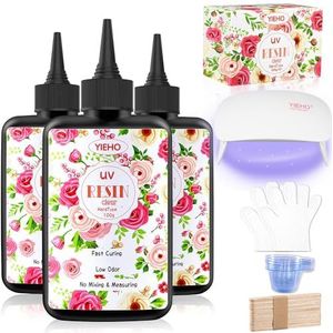 YIEHO 300 g uv-harsset met uv-lamp, verbeterd kristalhelder, transparant, voorgemengd, helder hard uv-epoxyharskit met licht, uv-hars, starterbenodigdheden voor kunst, handwerk, beginners, sieraden