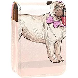 Draagbare Lipstick Case voor op reis, Mini Lipstick Opbergdoos met spiegel voor dames dames, Lederen cosmetische etui Mooie Pug Hond met roze Cap-01, Meerkleurig, 9.5x2x7 cm/3.7x0.8x2.7 in