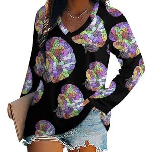 The Rainbow Brain Casual T-shirts met lange mouwen voor dames, V-hals bedrukte grafische blouses Tee Tops XL