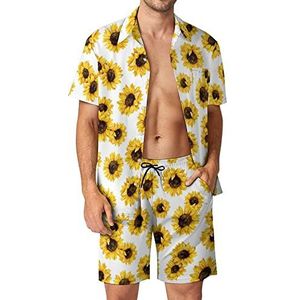 Zonnebloemen Hawaiiaanse bijpassende set 2-delige outfits button-down shirts en shorts voor strandvakantie